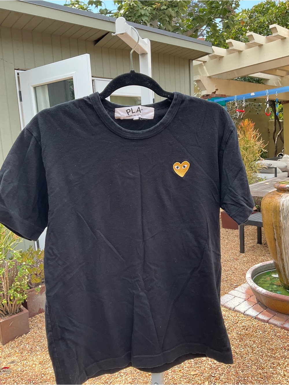 Comme des Garçons Kids Black Tee with Yellow Heart Patch